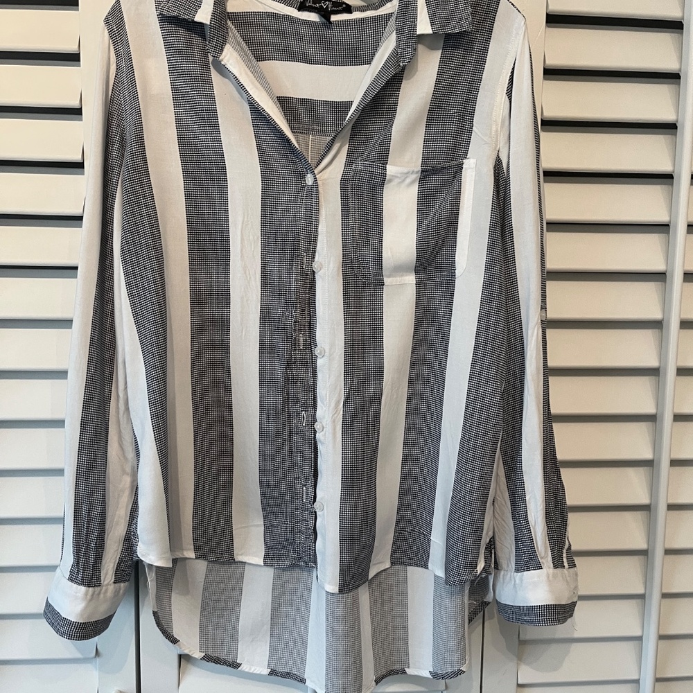 Women's Long-sleeve Button-down Blouse in Navy and White Stripes